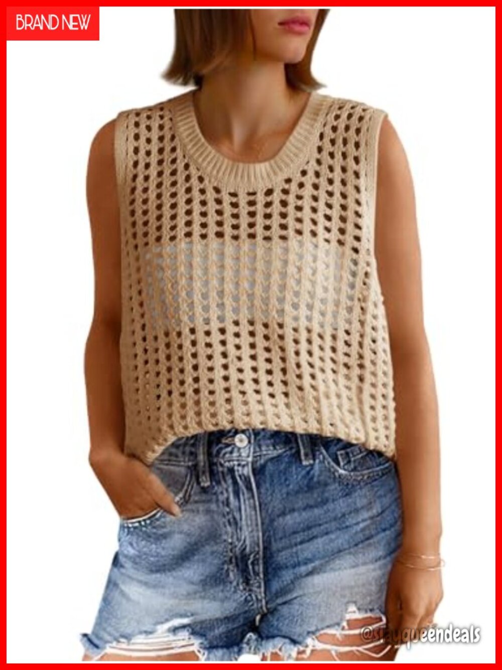 Crochet Tank Top Sleeveless Scoop Neck Loose Knit Sweater Vest Boho Beach Cover